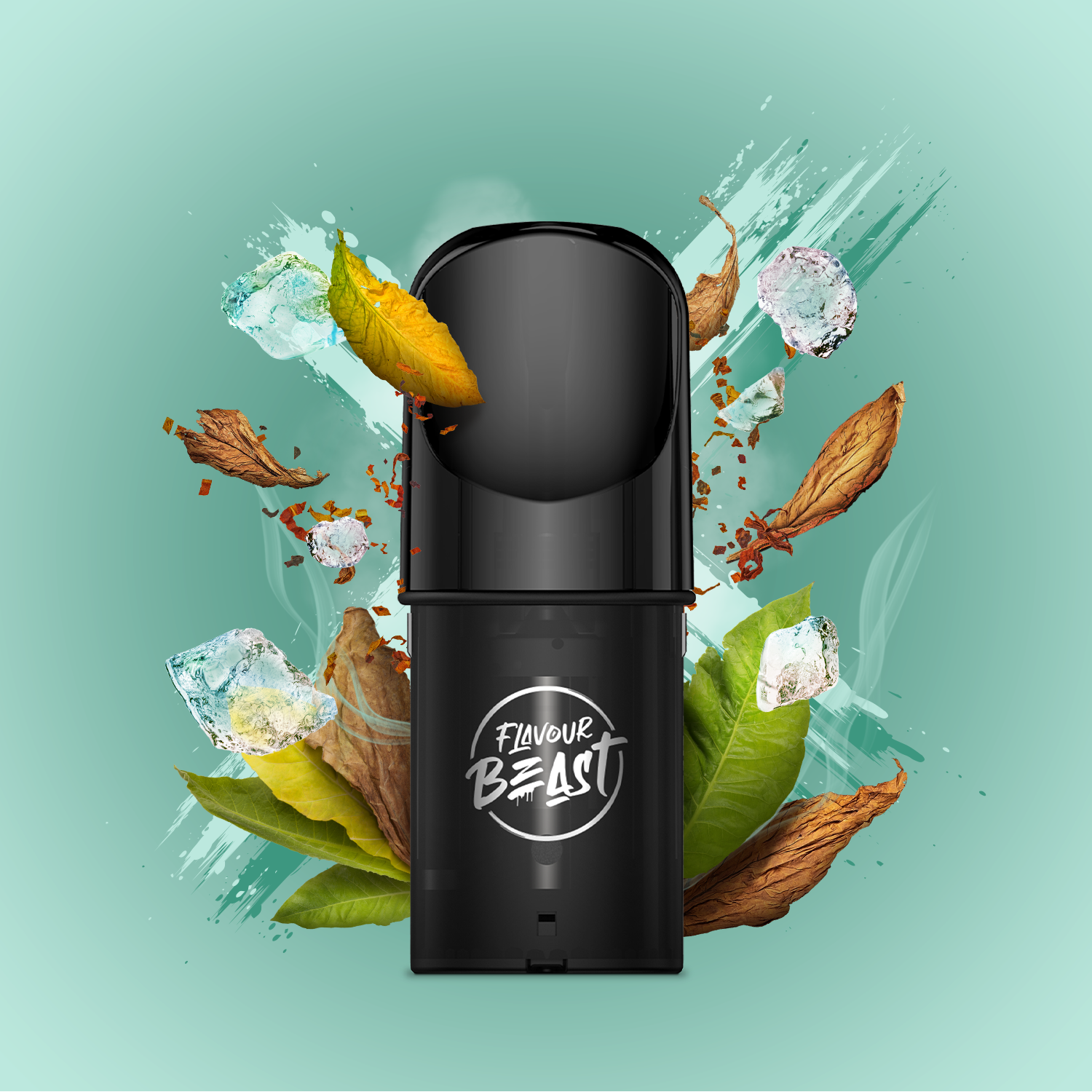 Flavour Beast Pod - Misty Clear Tobacco with ice, tobacco leaves, and green background.