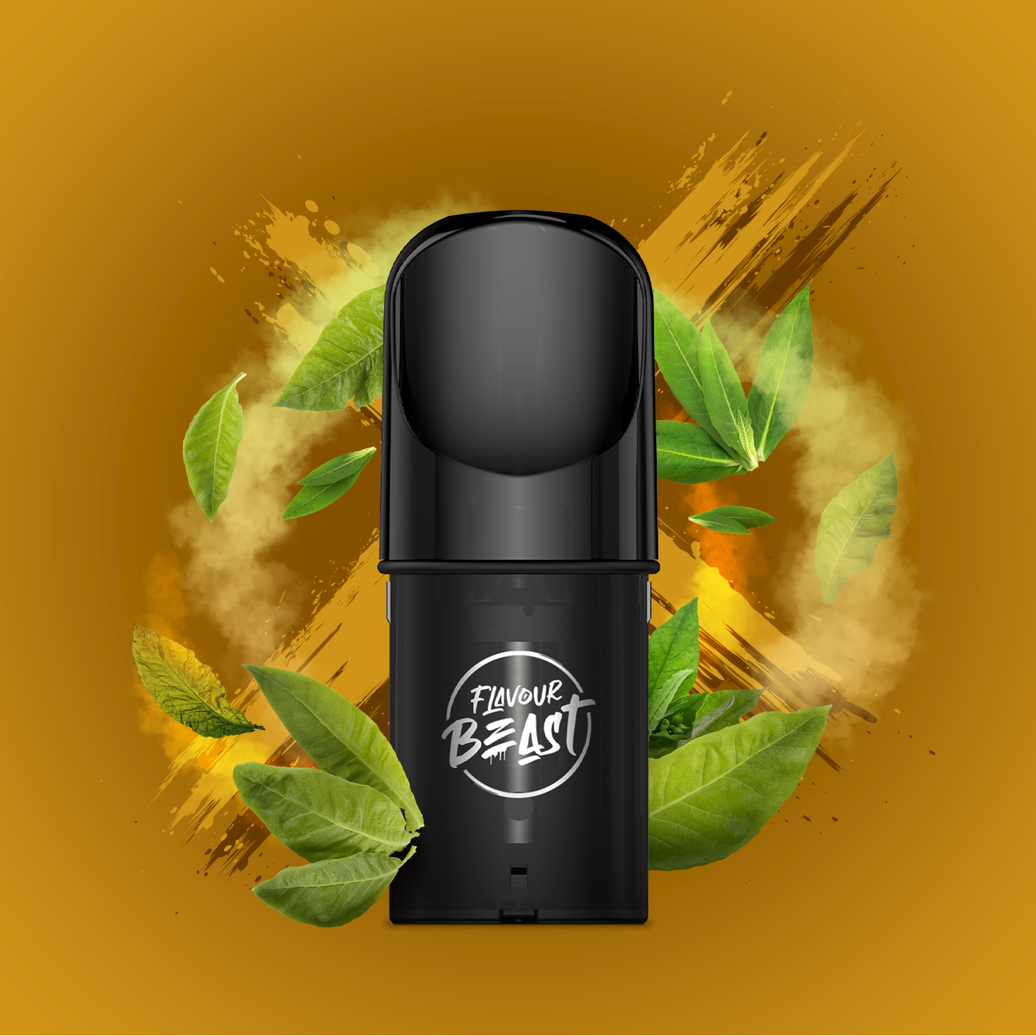 Flavour Beast Pod in smooth tobacco flavor, surrounded by tobacco leaves and a vibrant orange background.