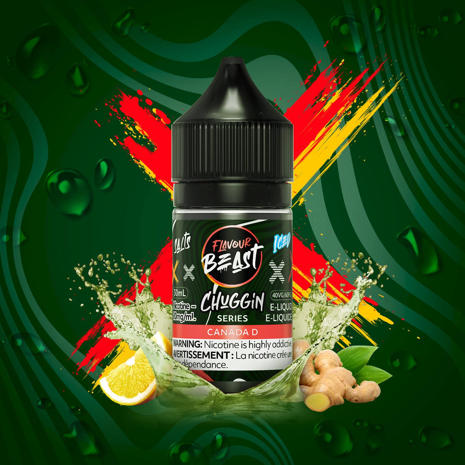 Flavour Beast Chuggin Salt 20mg/ml e-liquid with ginger and lemon flavors in vibrant packaging.