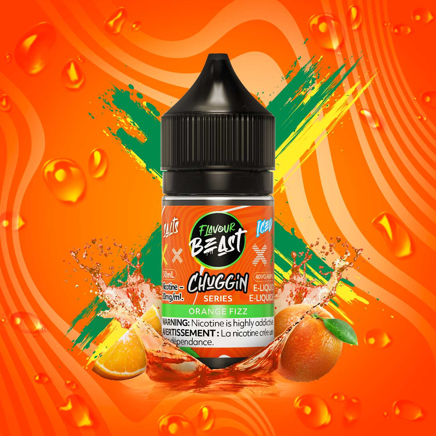 Flavour Beast Chuggin Salt E-Liquid 20mg/ml Orange Fizz Ice with vibrant orange splash background.