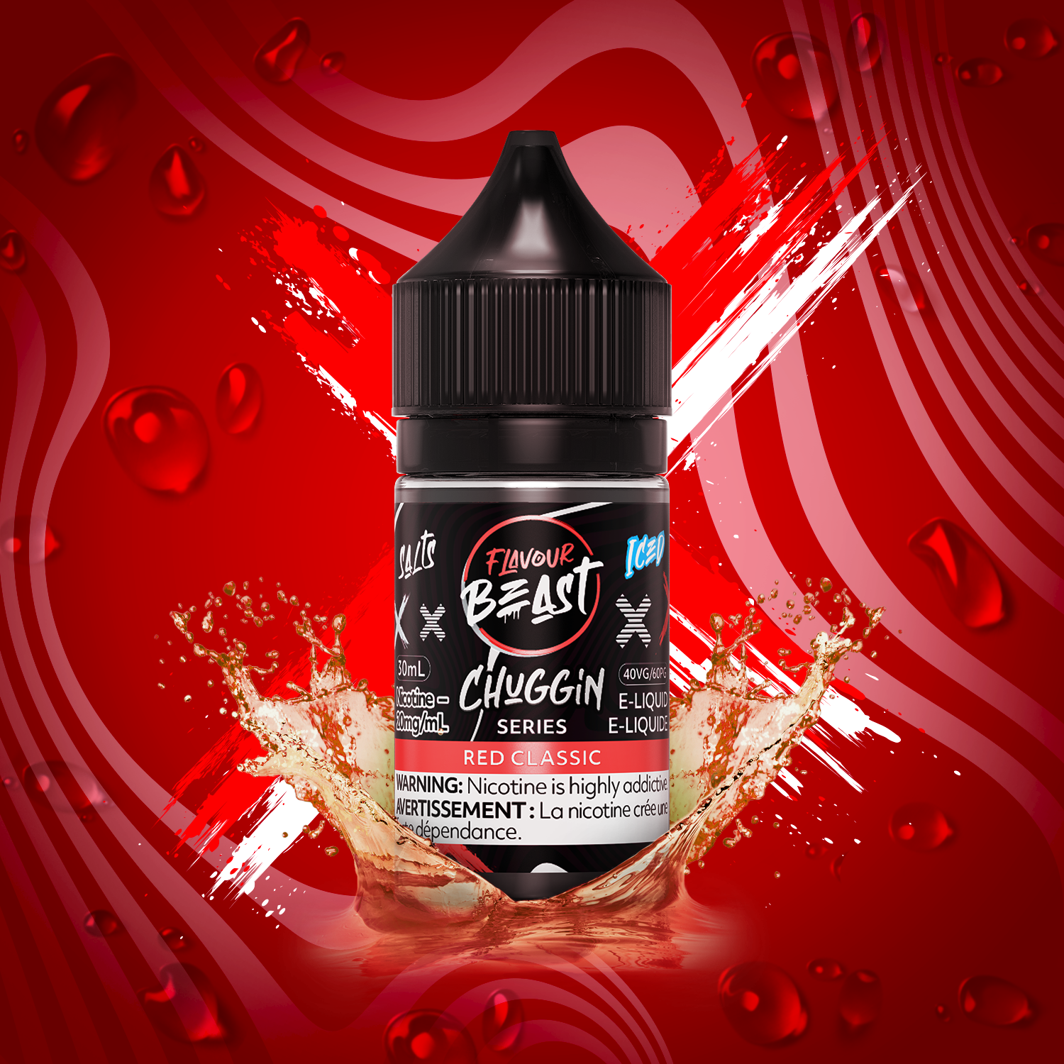 Flavour Beast Chuggin Salt Red Classic Ice e-liquid bottle on a vibrant red background with splashes.