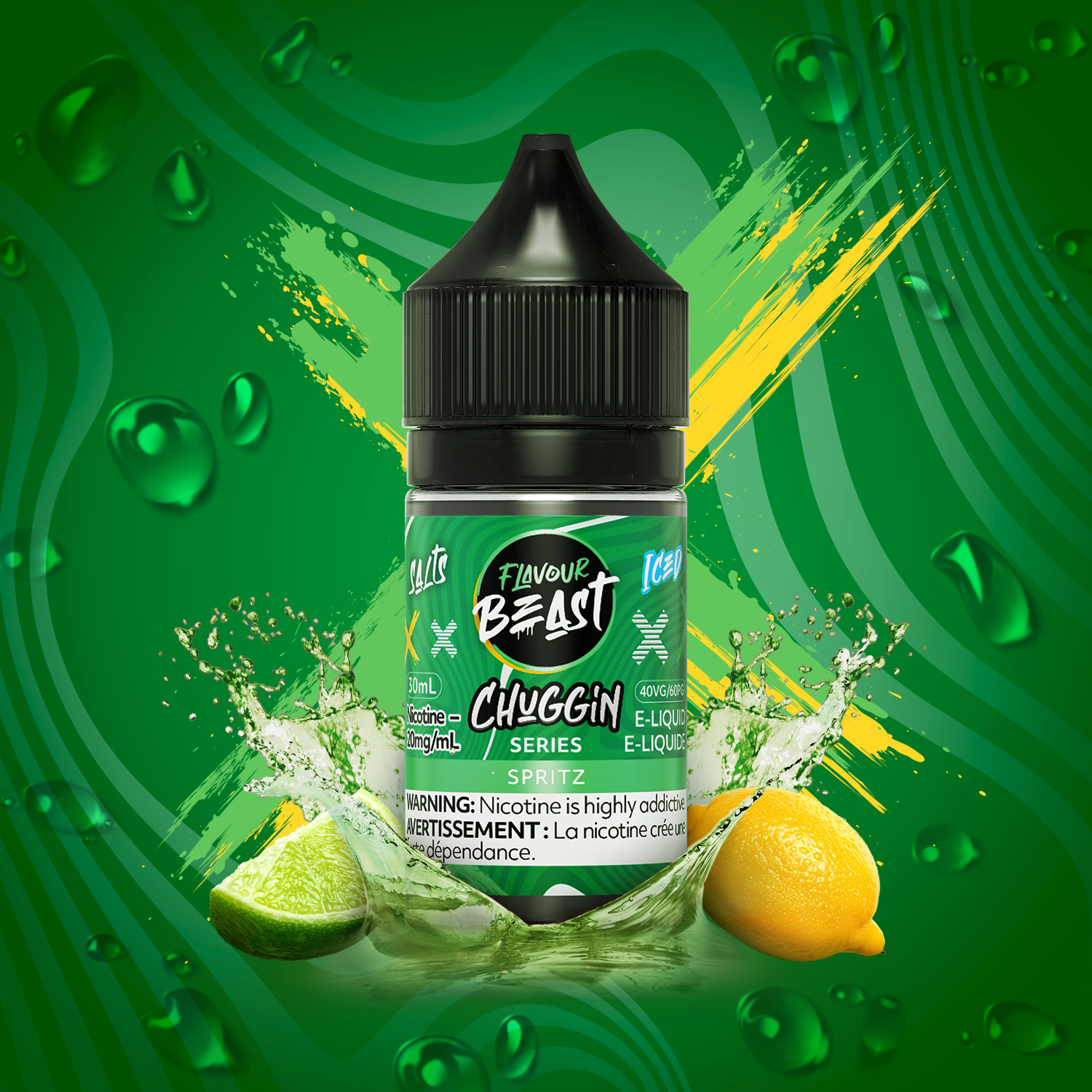 Flavour Beast Chuggin Salt 20mg/ml Spritz Ice e-liquid, featuring citrus flavors with a refreshing, effervescent finish.