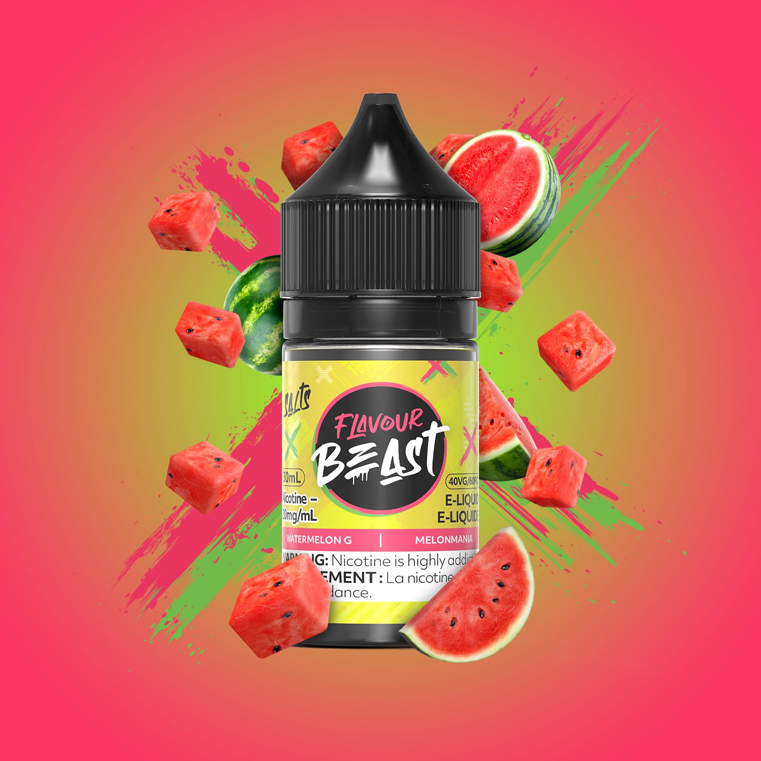 Flavour Beast Salt 10mg/ml Watermelon e-liquid bottle alongside watermelon slices and chunks on a vibrant background.