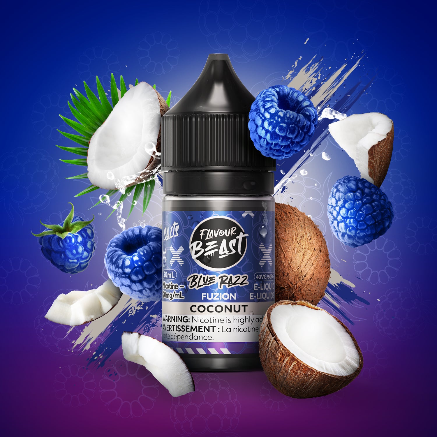 Flavour Beast Fuzion Salt 20mg/ml Blue Razz Coconut e-liquid bottle with berries and coconut background.