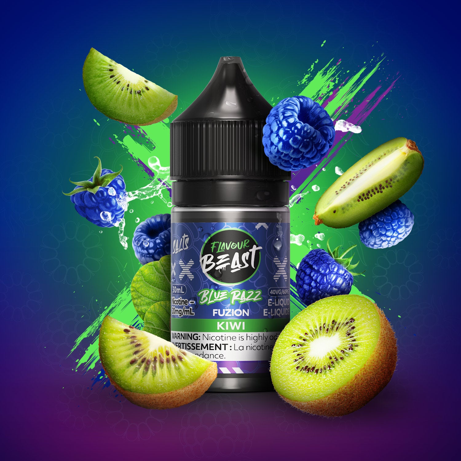 FLAVOUR BEAST FUZION SALT 20MG/ML - BLUE RAZZ KIWI e-liquid bottle with kiwi and blue raspberries.