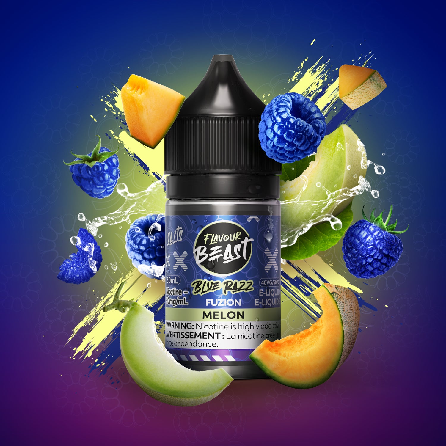 Flavour Beast Fuzion Salt 20mg/ml Blue Razz Melon e-liquid bottle surrounded by fruits and splash effects.