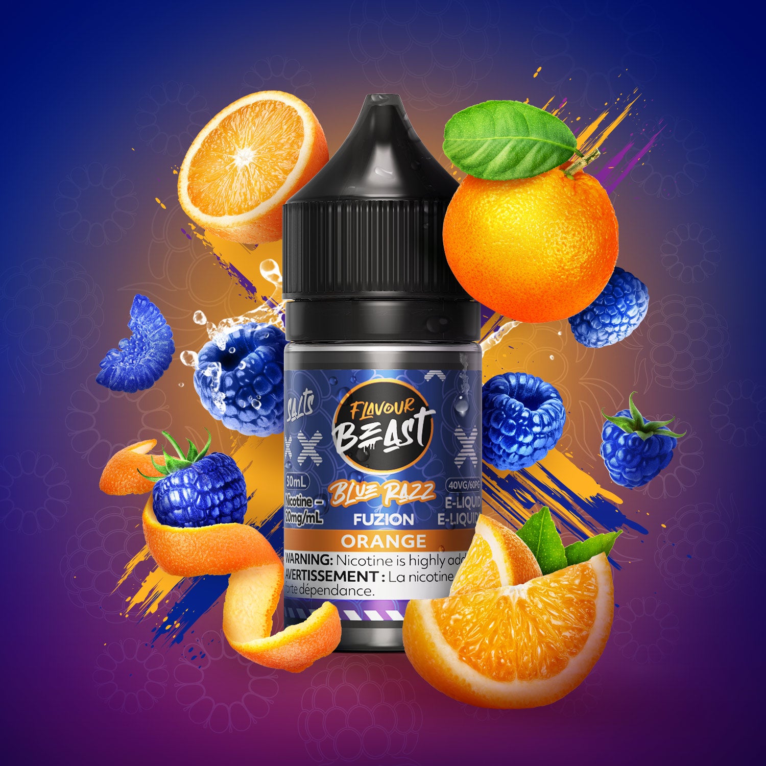 Flavour Beast Fuzion Salt 20mg/ml - Blue Razz Orange e-liquid bottle with vibrant fruit background.