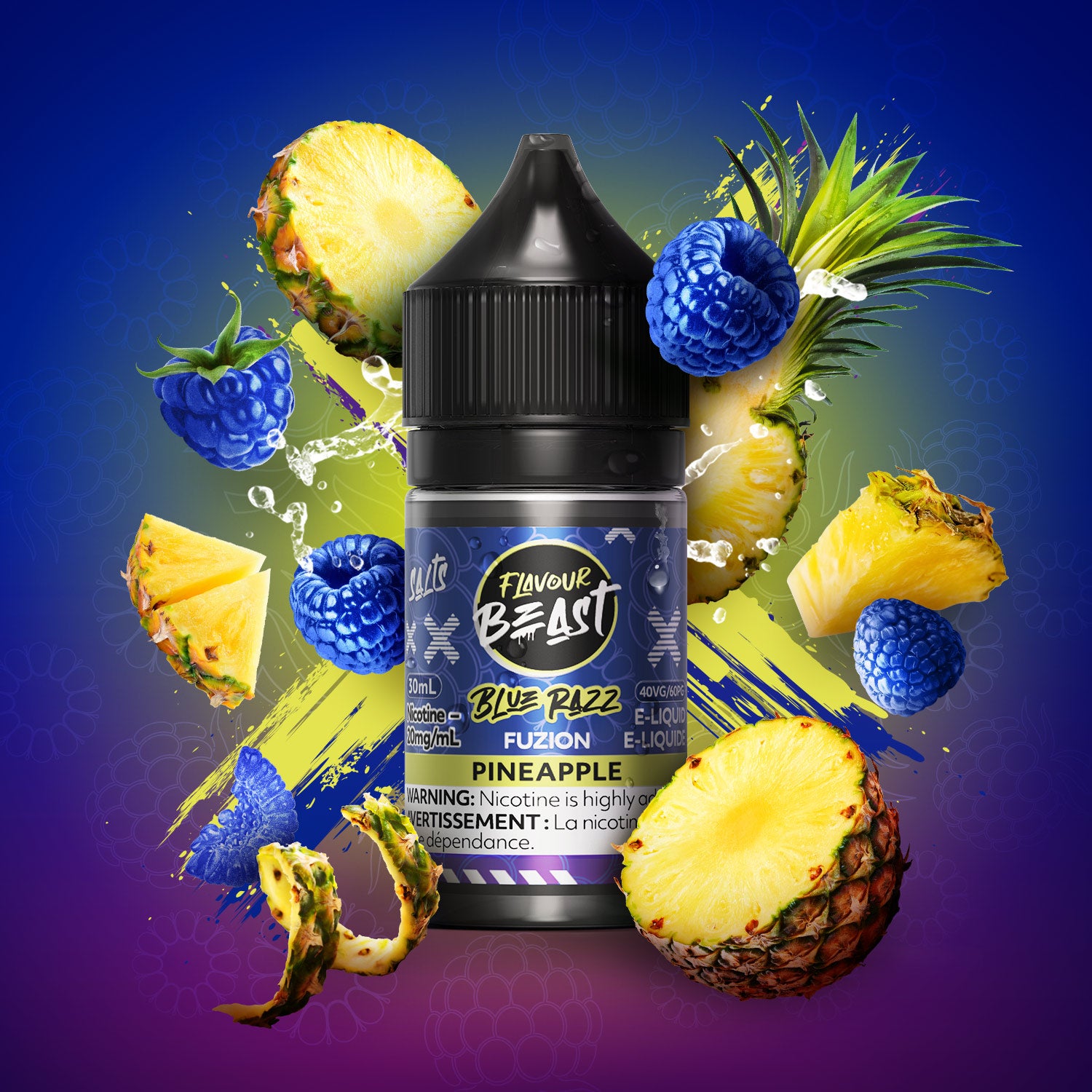 FLAVOUR BEAST FUZION SALT 20MG/ML Blue Razz Pineapple e-liquid bottle surrounded by fruits.