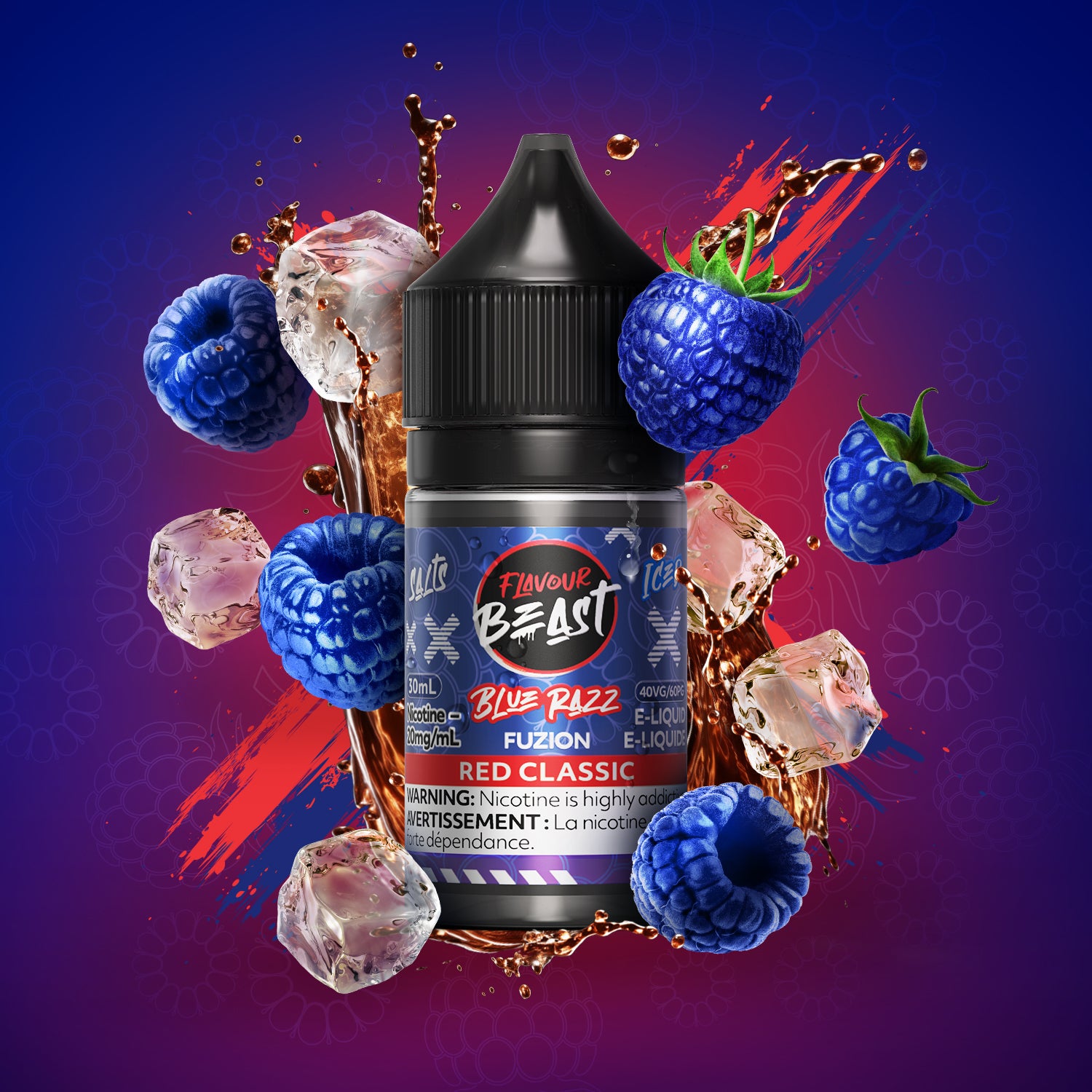 Flavour Beast Fuzion Salt 20mg/ml Blue Razz Red Classic Iced e-liquid with raspberries and ice.