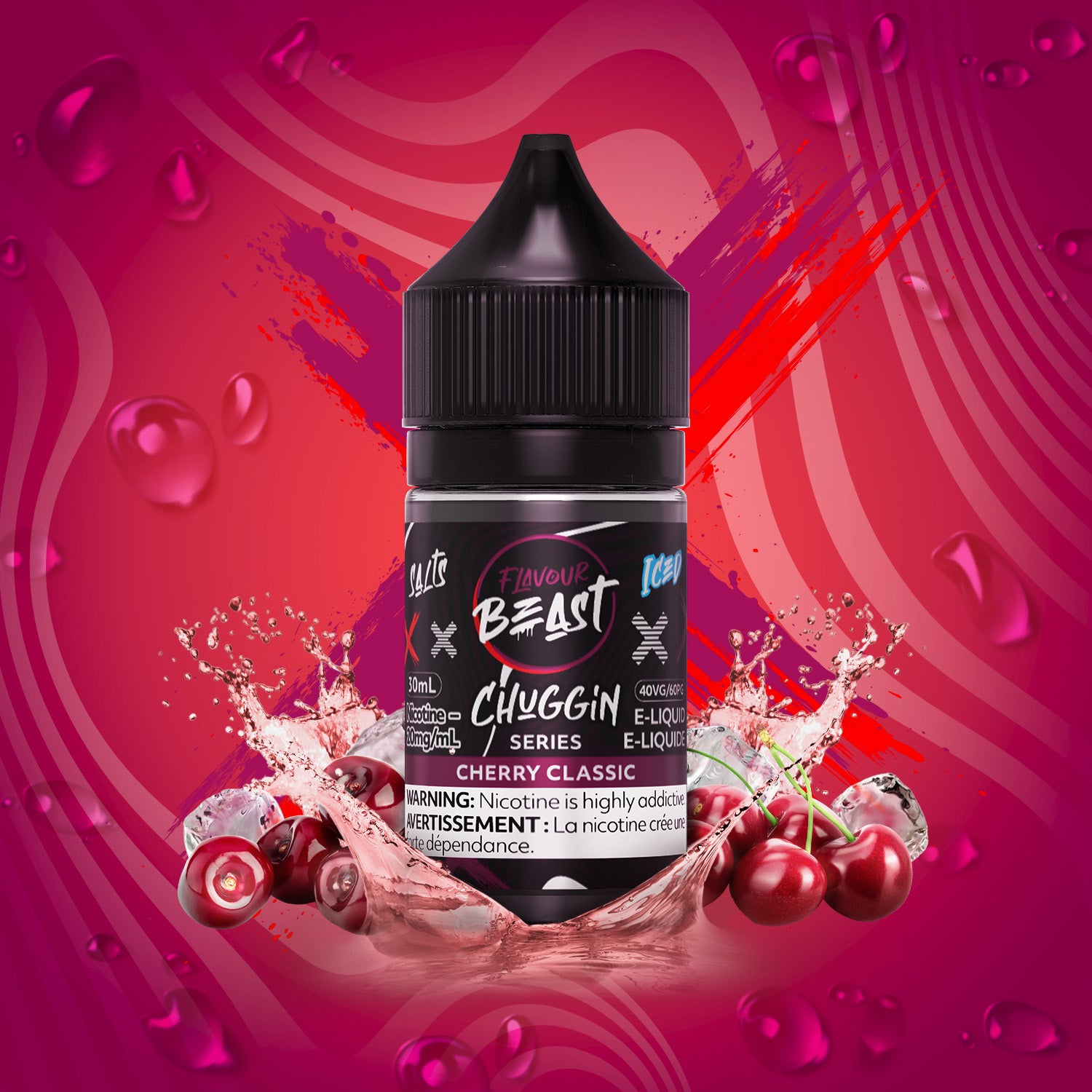 FLAVOUR BEAST Chuggin Salt Cherry Classic 20mg/ml e-liquid bottle surrounded by cherries and splashes.