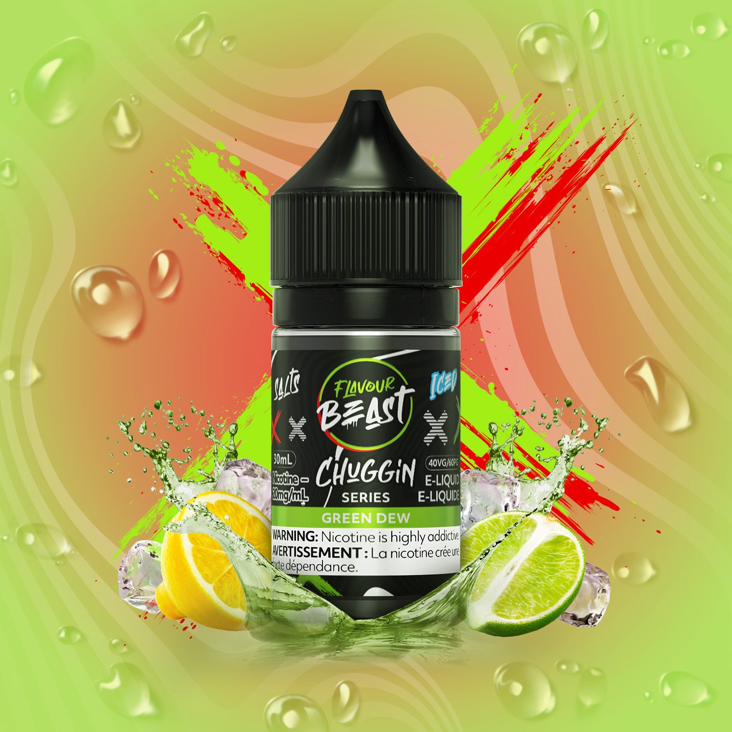 FLAVOUR BEAST Chuggin Salt Green Dew e-liquid 20mg/ml, refreshing citrus flavor, ideal for vaping.