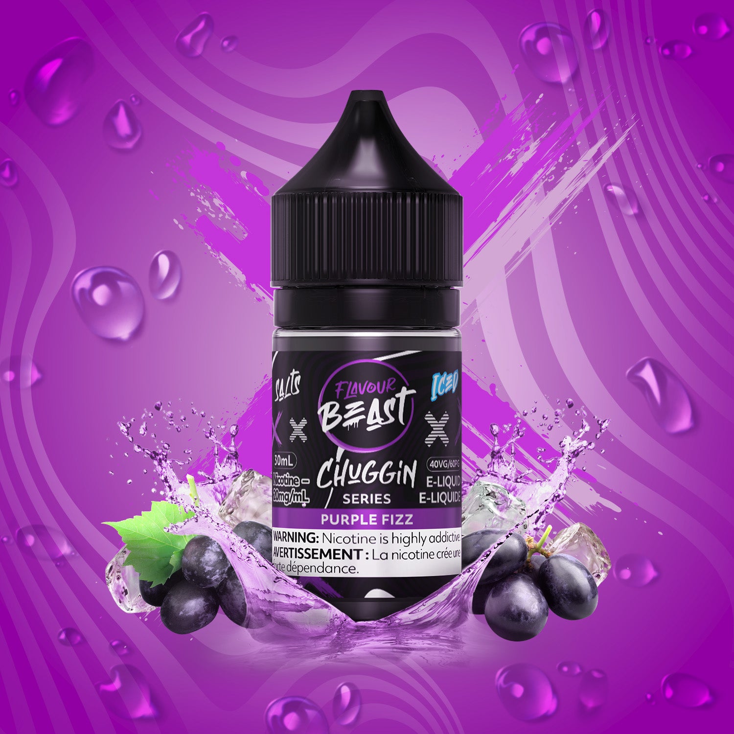 Flavour Beast Chuggin Salt 20mg/ml Purple Fizz e-liquid bottle with grape splash background.