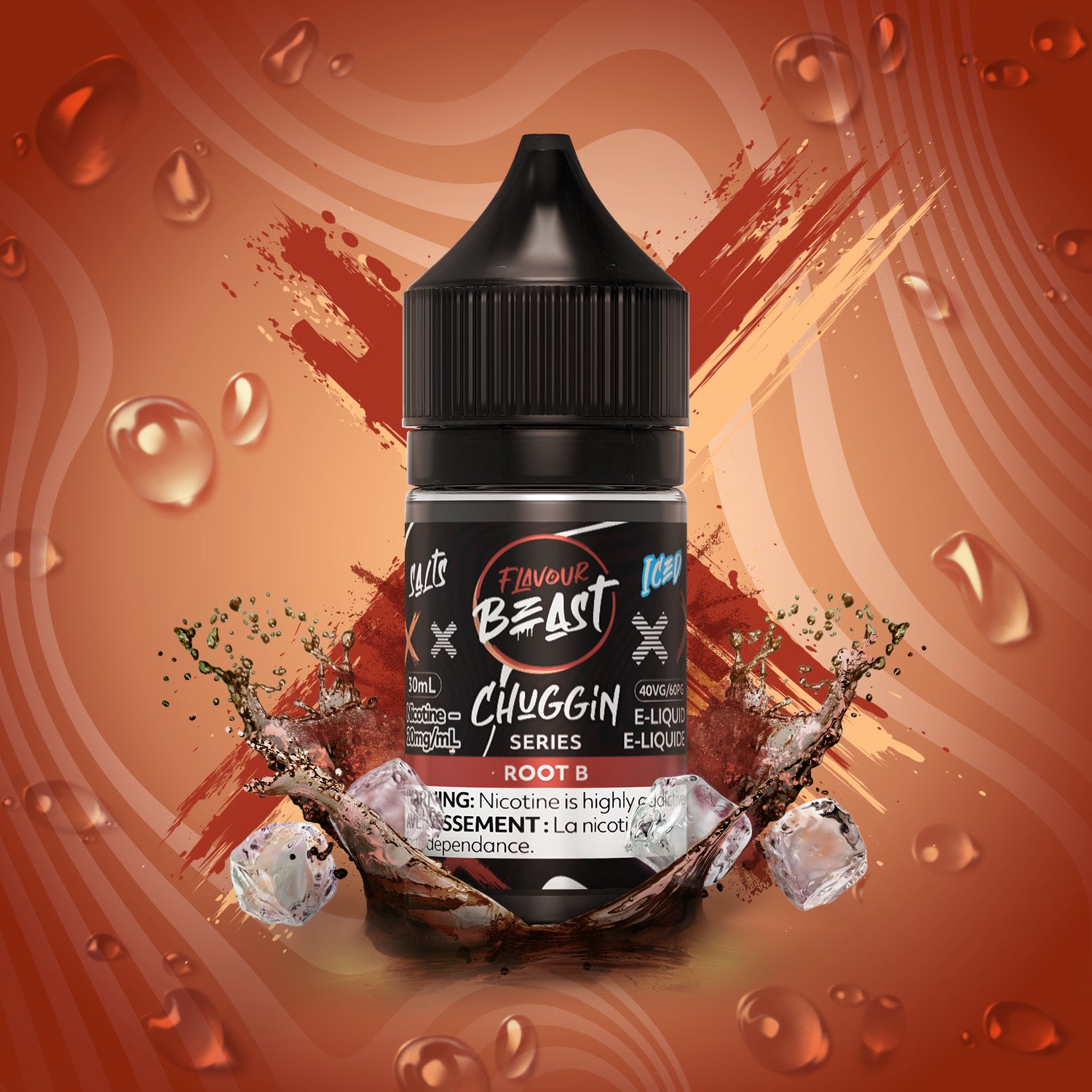 Flavour Beast Chuggin Salt 20mg/ml - Root B e-liquid bottle with water splash background.