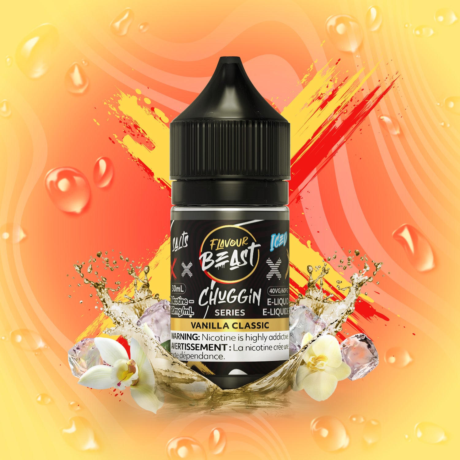 FLAVOUR BEAST Chugging Salt 20mg/ml Vanilla Classic e-liquid bottle with floral background.