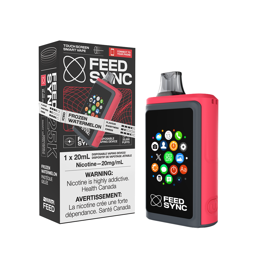 FEED SYNC 25K Disposable Vaporizer with Frozen Watermelon flavor, touchscreen, and 20mg nicotine, Health Canada warning.