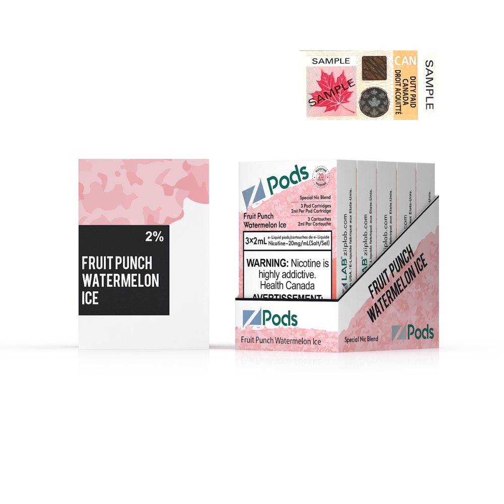 ZPODS Fruit Punch Watermelon Ice vape product with packaging, featuring a 2% nicotine warning.