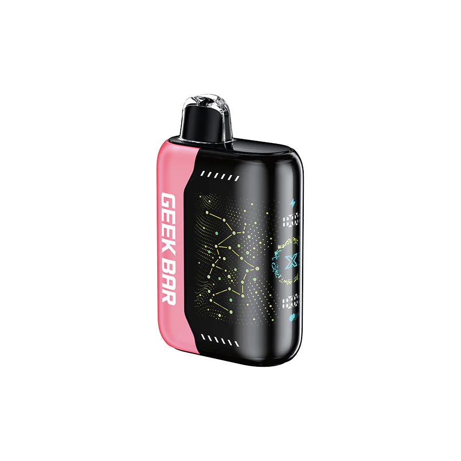 GEEK BAR PULSE X disposable vape device in black and pink with high-tech design and cherry blast ice flavor.