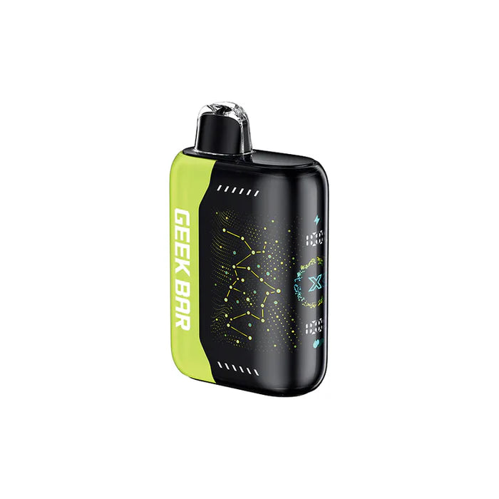 GEEK BAR PULSE X disposable vape in black and green with 20ML capacity, featuring Peach Lemon Ice flavor.