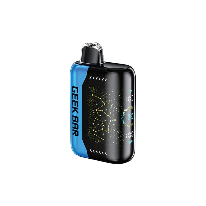 GEEK BAR PULSE X disposable vape featuring raspberry citrus ice flavor with vibrant blue and black design.