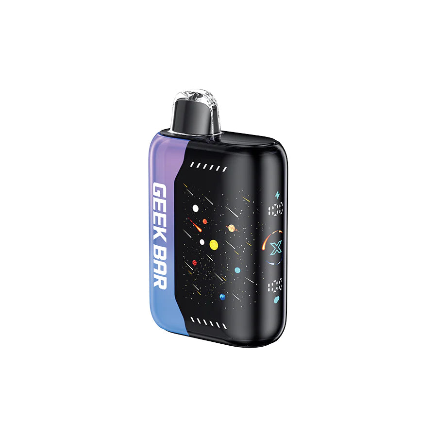 GEEK BAR PULSE X disposable vape device in black and blue design, featuring cosmic graphics and sleek form.