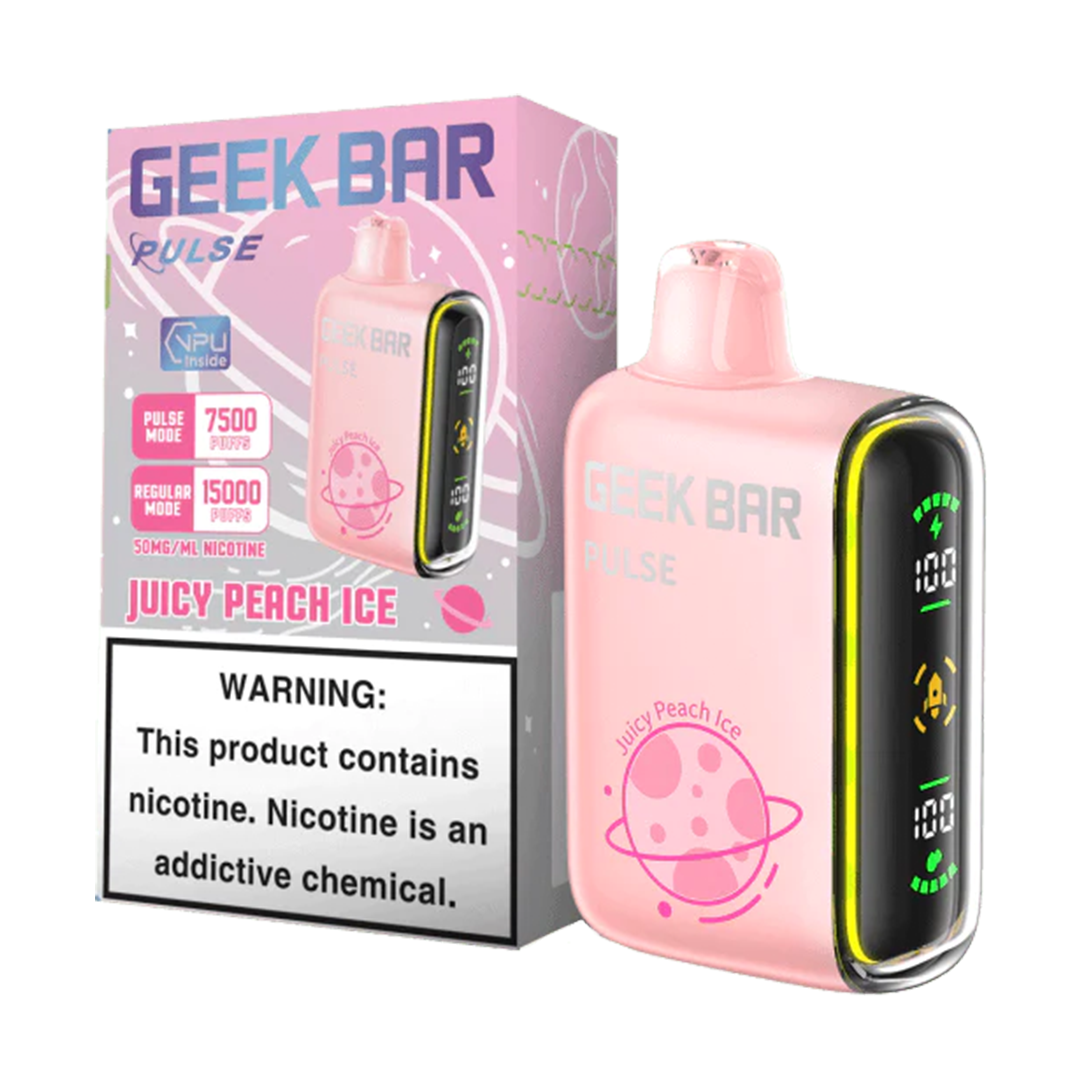 GEEK BAR PULSE 15K 50MG vape, Juicy Peach Ice flavor, box and device with nicotine warning.