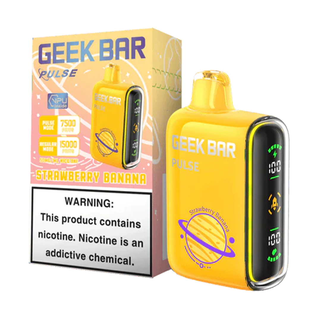 GEEK BAR PULSE Strawberry Banana vape device with 15K puffs and nicotine warning.