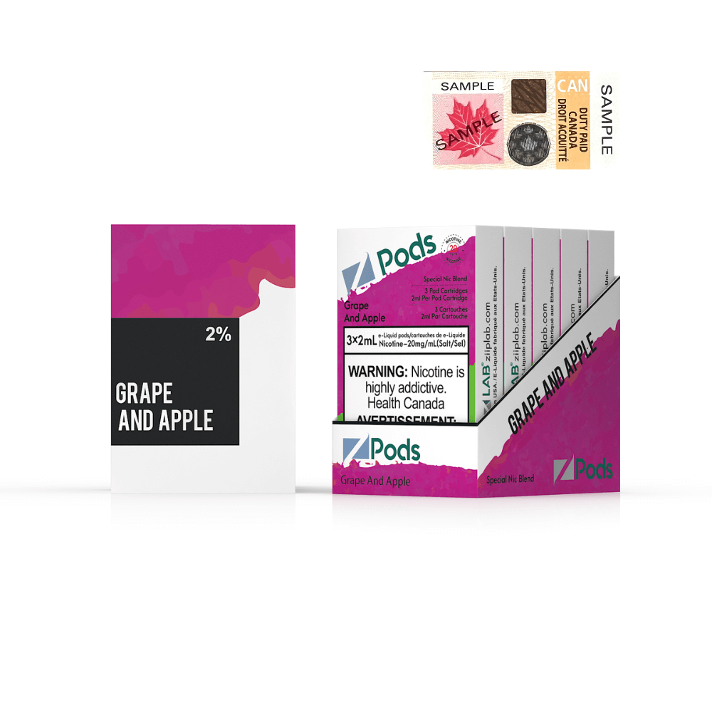 ZPODS Grape and Apple flavor pack showcasing vibrant design and nicotine warning label.