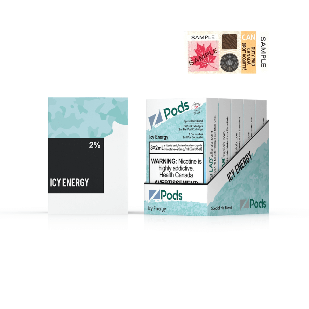 ZPODS Icy Energy vape pods packaging featuring warning labels and flavor description, ideal for a refreshing vaping experience.