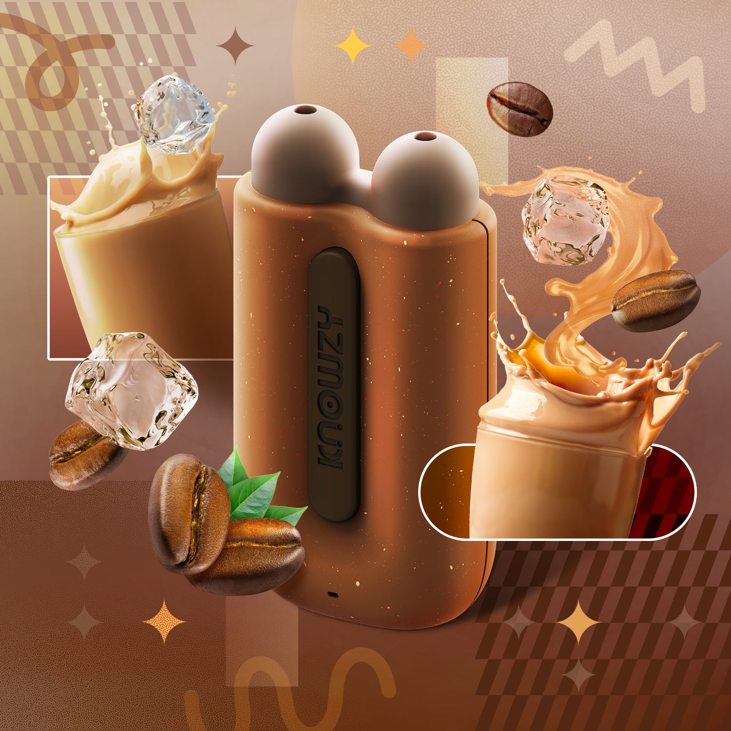 KNOWZY Dreamy Latte Ice vape device with creamy latte splashes, ice cubes, and coffee beans scattered.