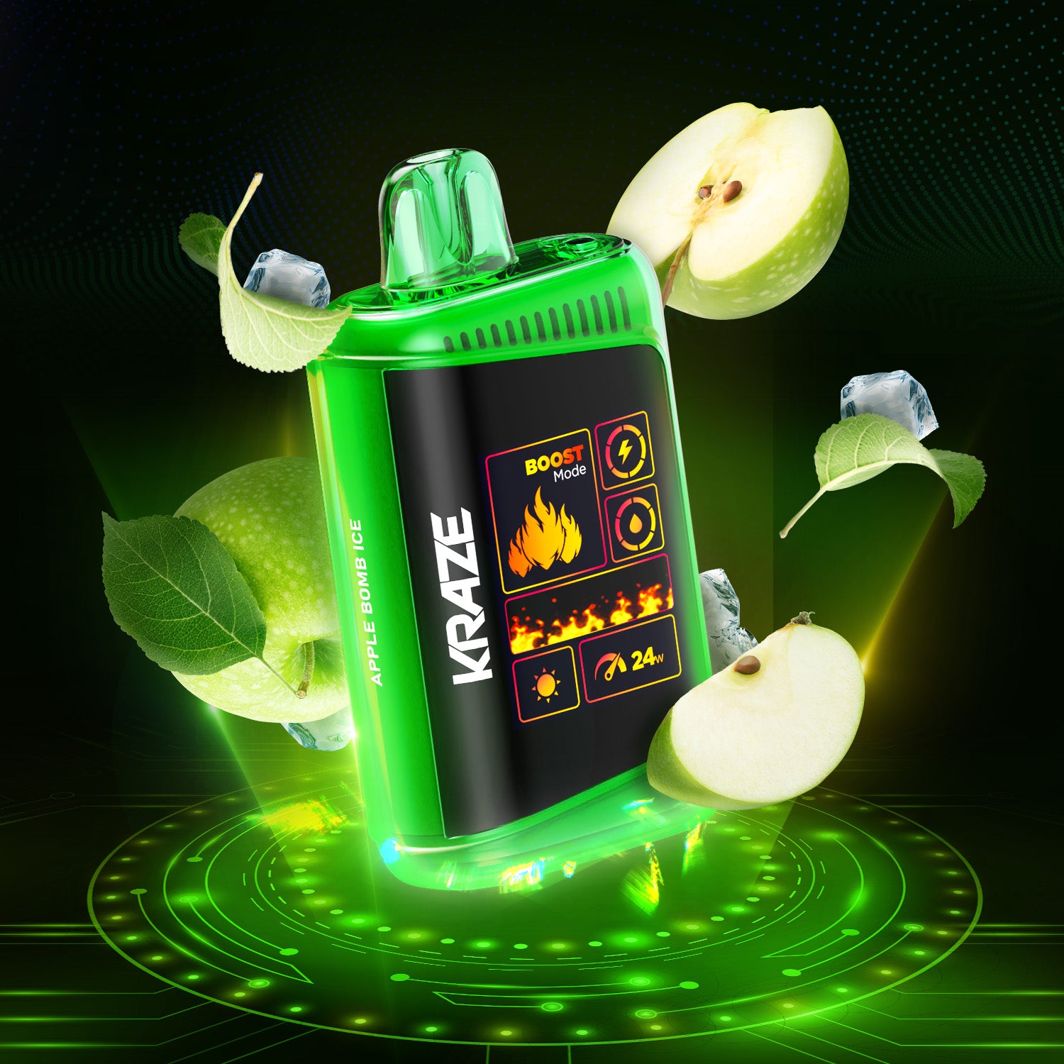 KRAZE HD MEGA Apple Bomb Ice vape device, featuring crisp apple flavor with icy menthol and sleek design.