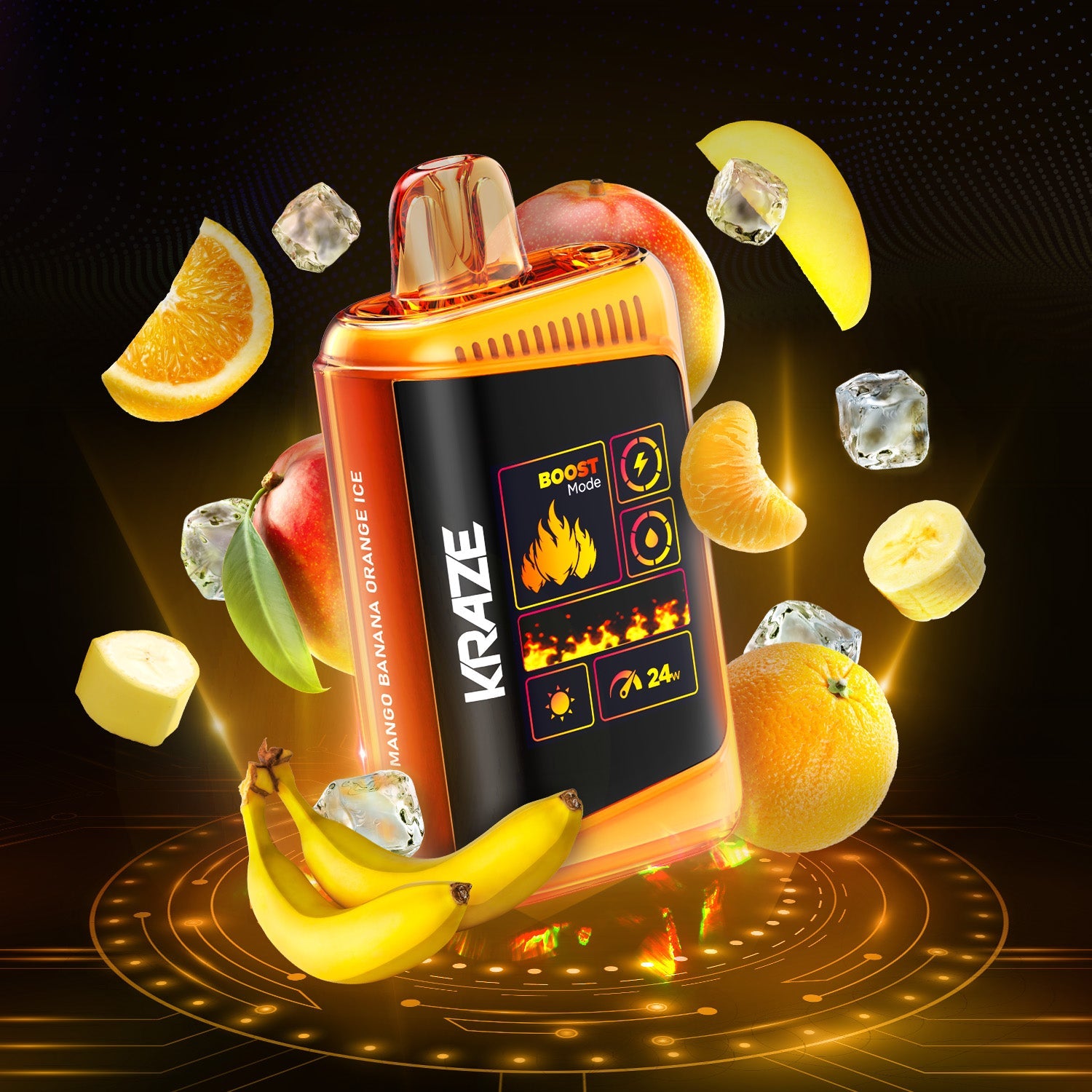 KRAZE HD MEGA vape in mango, banana, orange flavors with ice, surrounded by fruits and ice cubes on a glowing background.