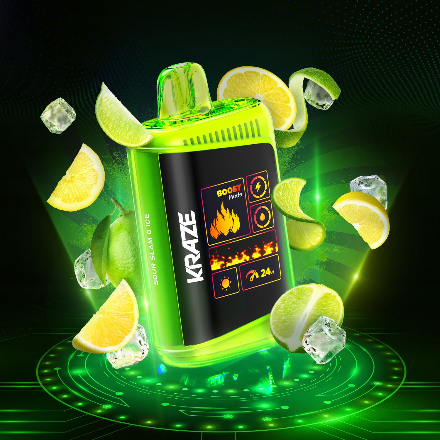 KRAZE HD MEGA - SOUR SLAM G ICE vape with citrus slices and ice, set against a vibrant green digital backdrop.