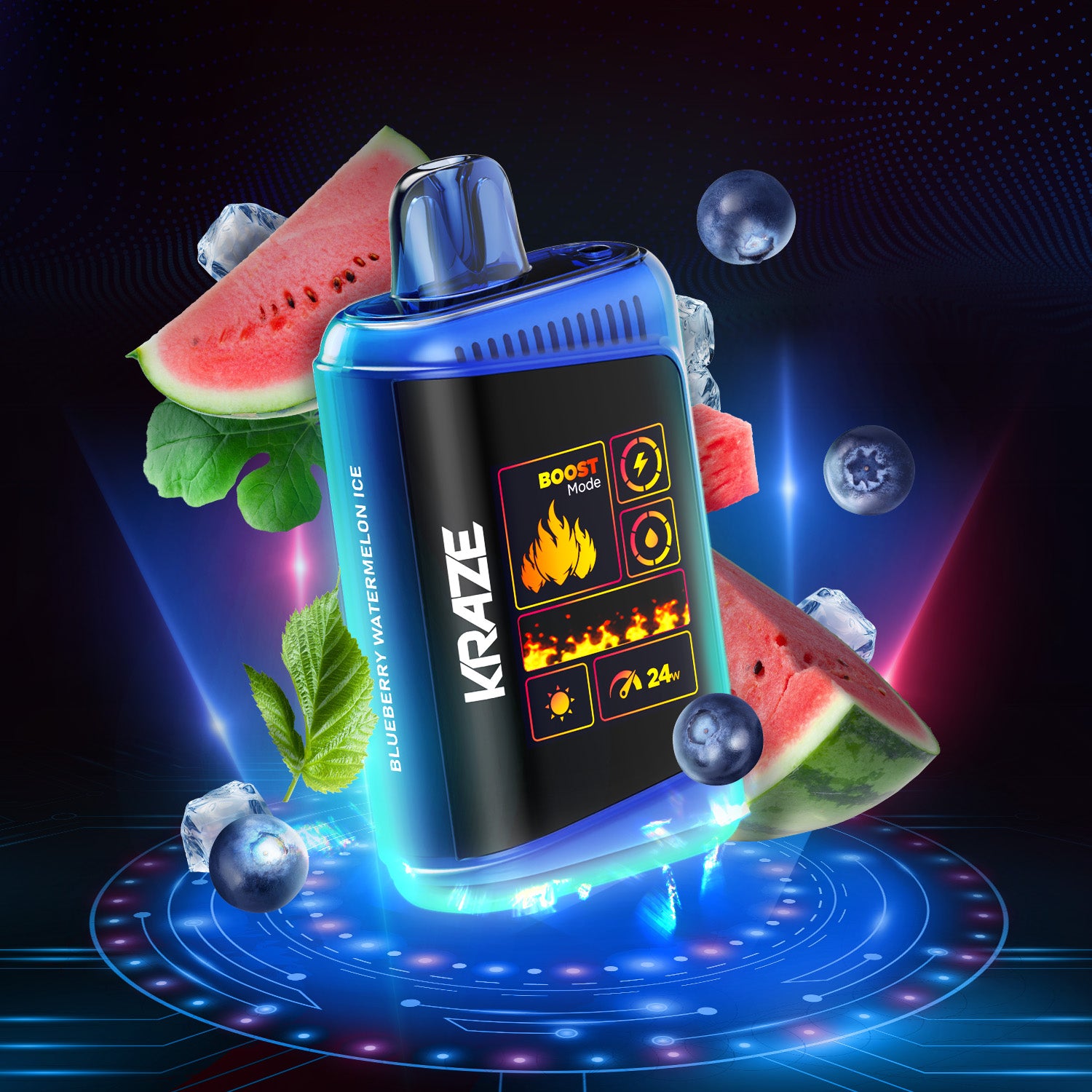 KRAZE HD MEGA Blueberry Watermelon Ice vape device with ice cubes, blueberries, and watermelon slices.