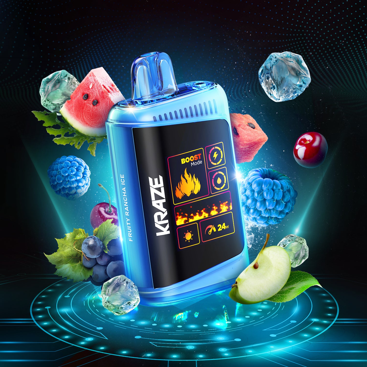 KRAZE HD MEGA - Fruity Ranch Ice vape with vibrant fruits and ice cubes, showcasing a cool, refreshing experience.