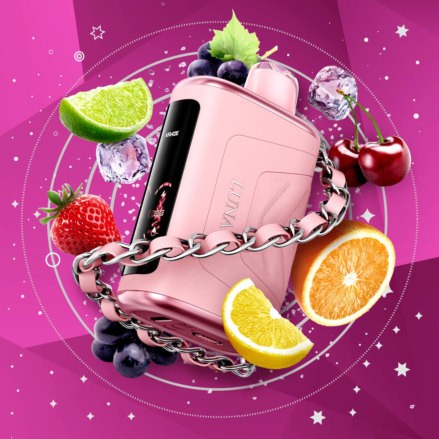 KRAZE LUNA 42k vaporizer in pink with fruit and ice, featuring strawberry, lime, orange, and cherry decorations.