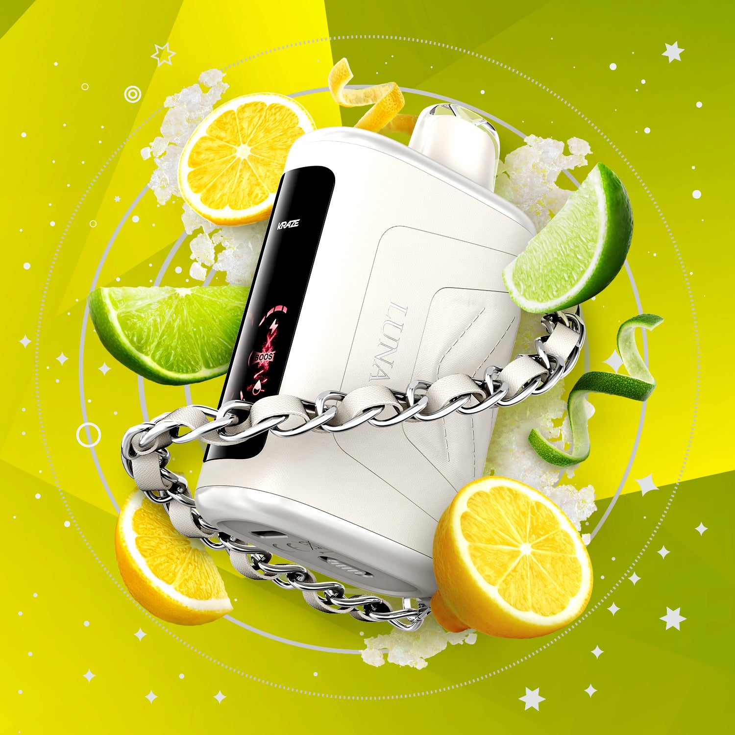 KRAZE LUNA 42k - Lemon Lime BAE Ice device surrounded by fresh lemons and limes on a vibrant yellow background.