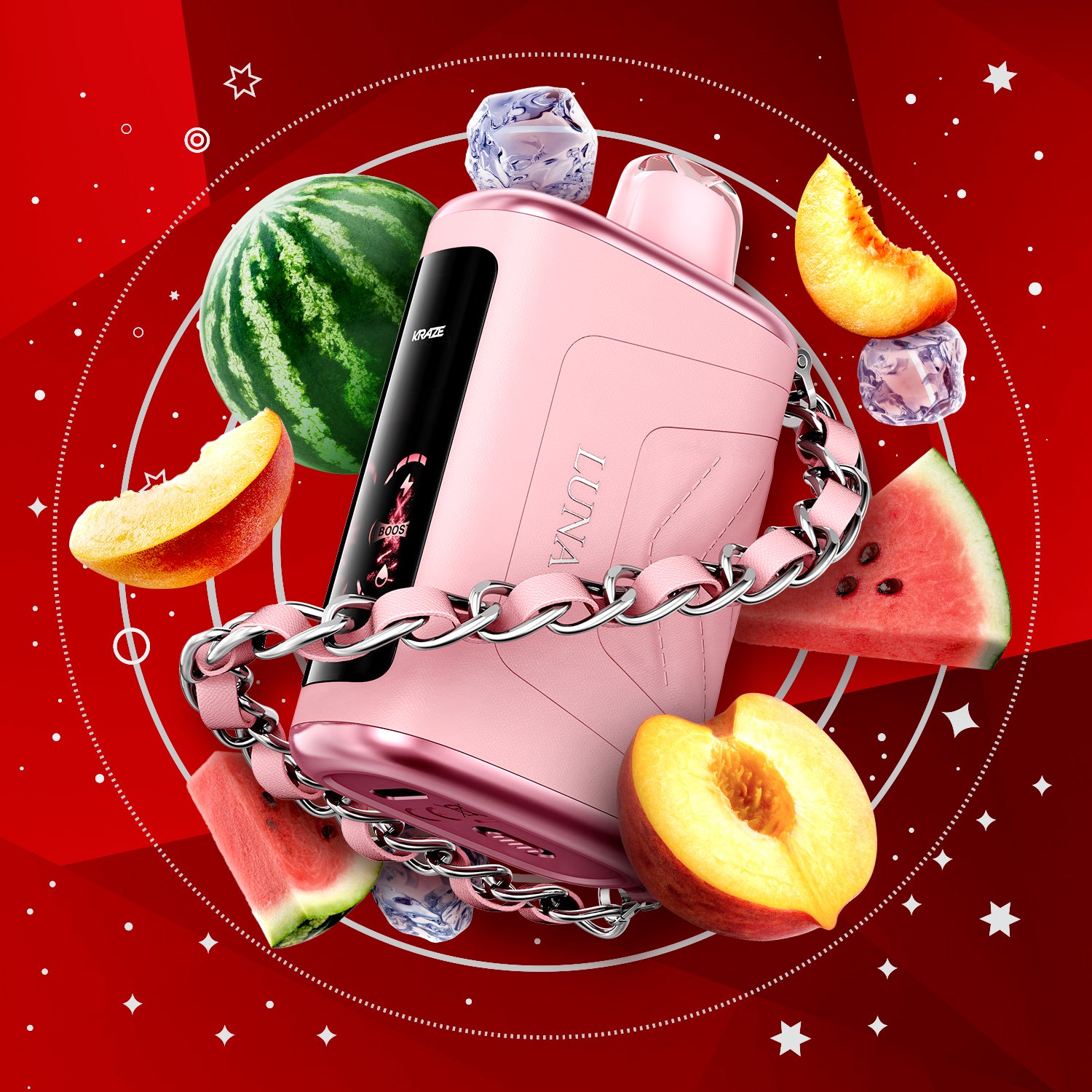 KRAZE LUNA 42k in ruby peach watermelon ice flavor surrounded by fruit and ice, set against a vibrant red background.