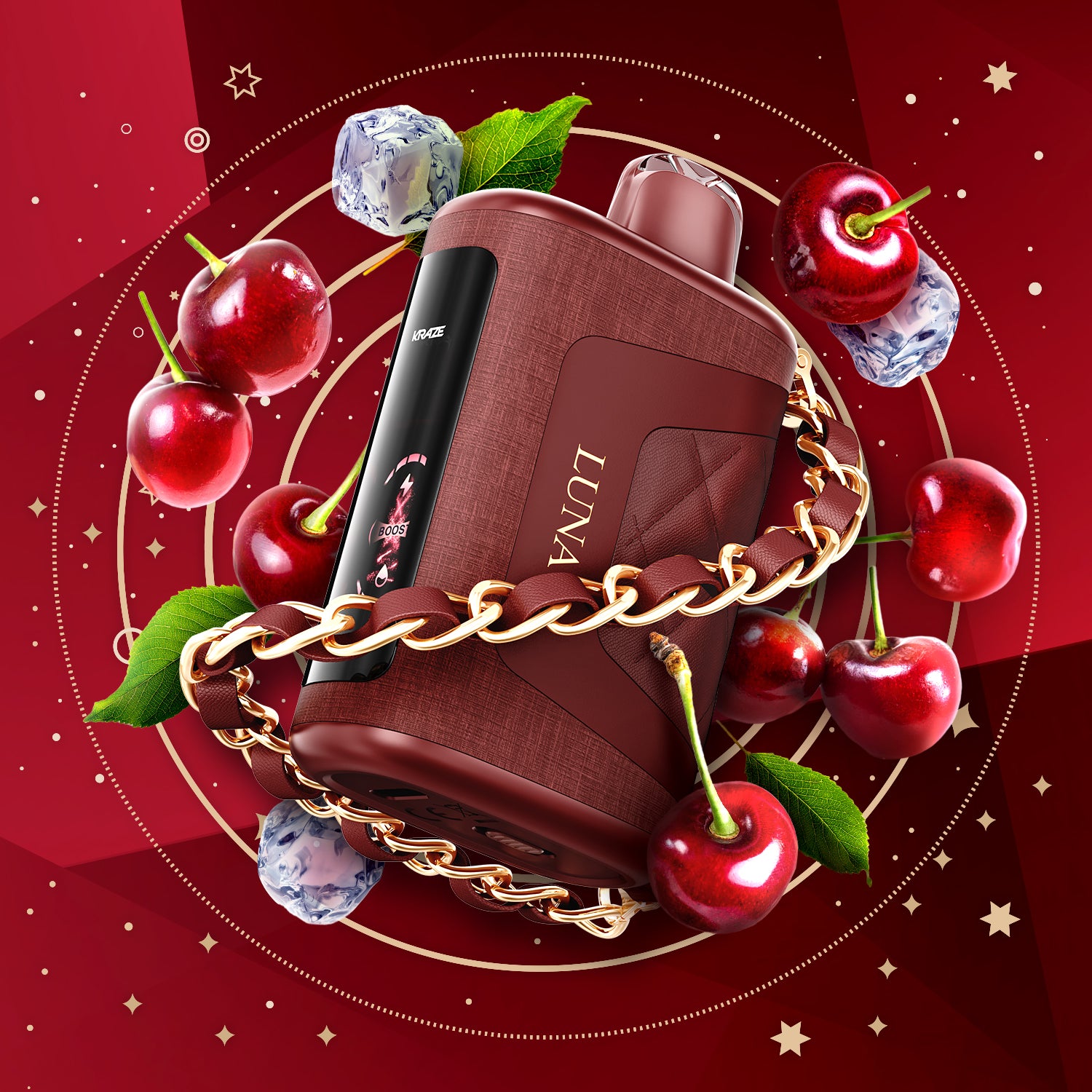 KRAZE LUNA 42K in Scarlet Cherry with ice cubes, surrounded by fresh cherries and a stylish chain.