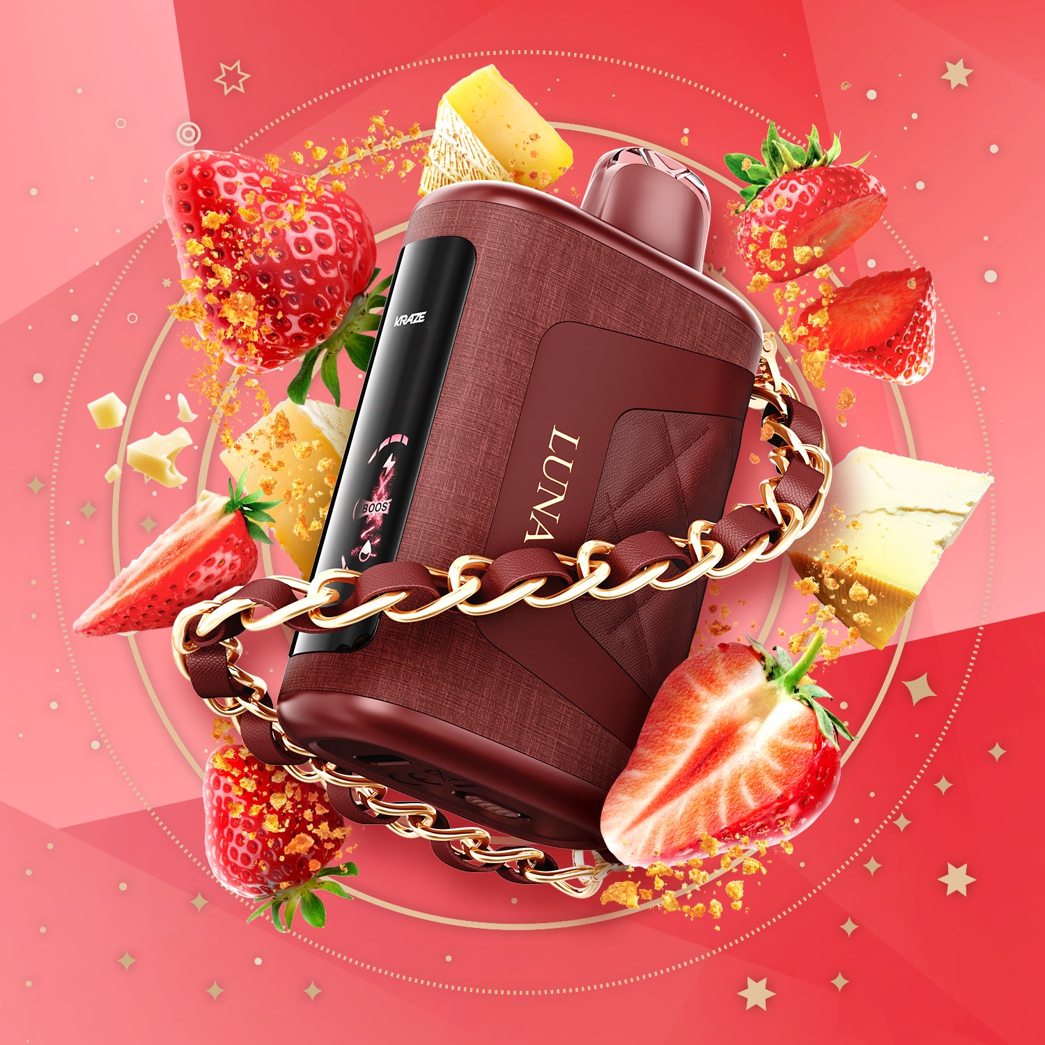 KRAZE LUNA 42k - Strawberry Cheese Delight fragrance bottle with strawberries and cheese background, vibrant and eye-catching design.