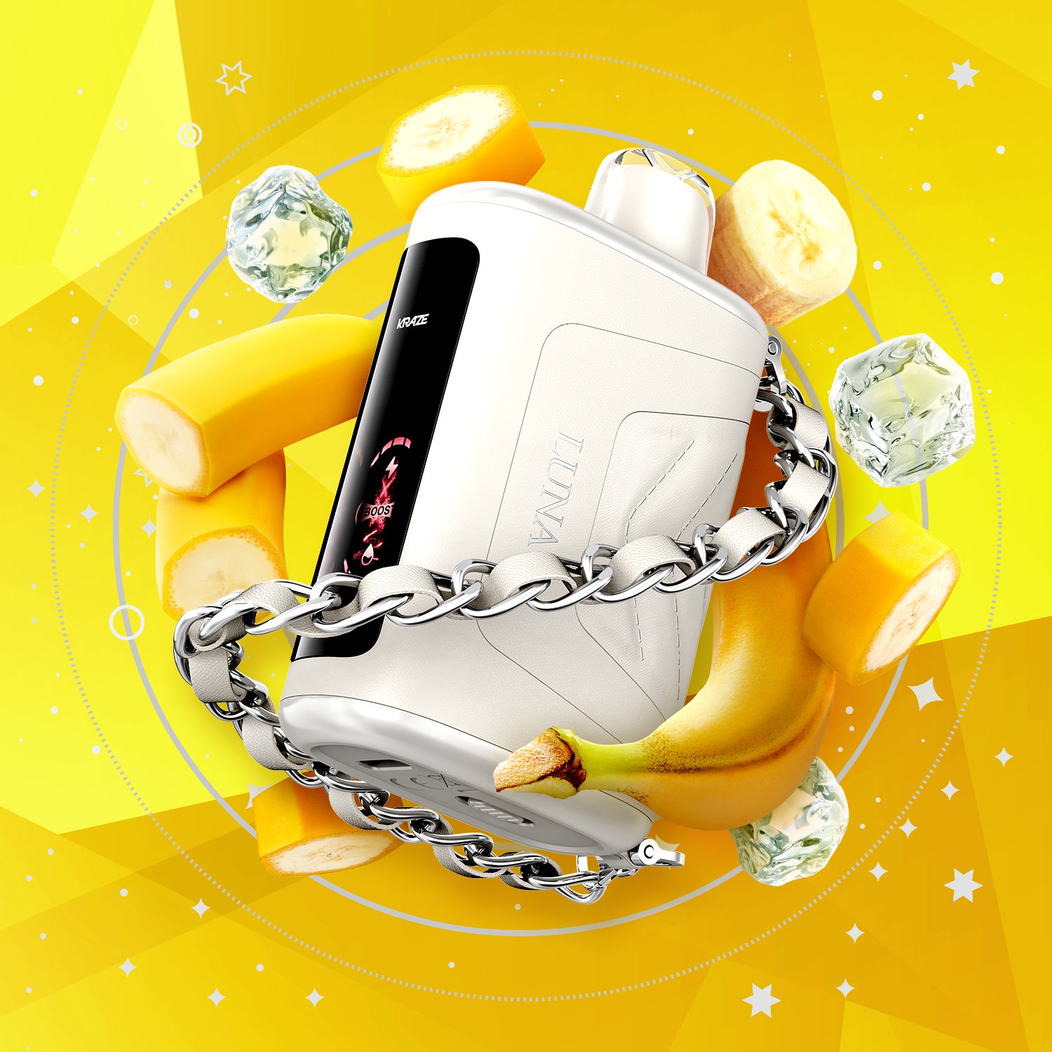 KRAZE LUNA 42k device with banana and ice graphics, featuring a tropical Topaz Banana Ice flavor on a vibrant yellow background.