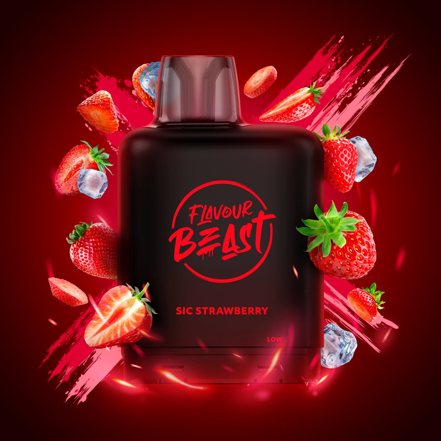 LEVEL X FLAVOUR BEAST 15/25K - SIC STRAWBERRY bottle with strawberries and ice on a vibrant background.