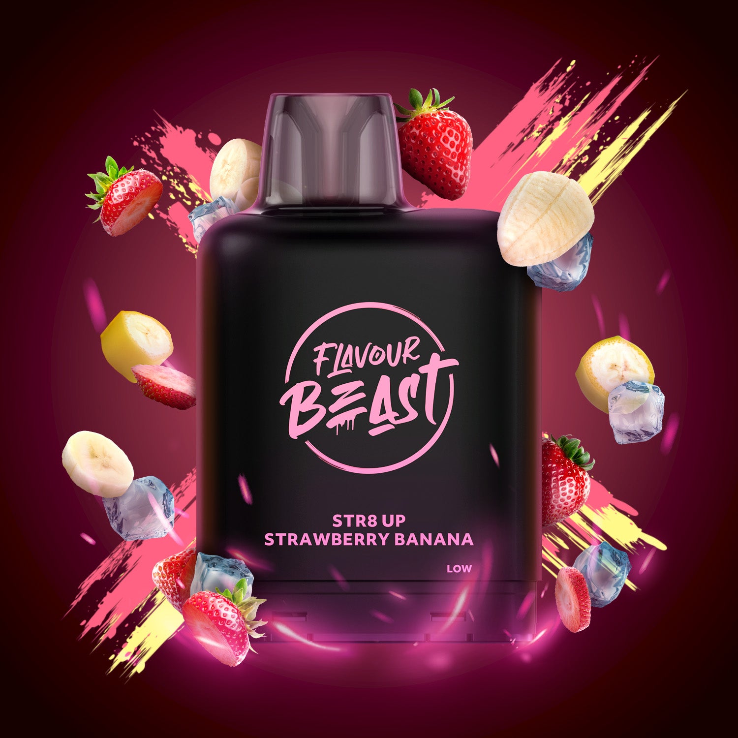 LEVEL X FLAVOUR BEAST 15/25K STR8 STRAWBERRY BANANA e-liquid with strawberries and bananas, vibrant design.