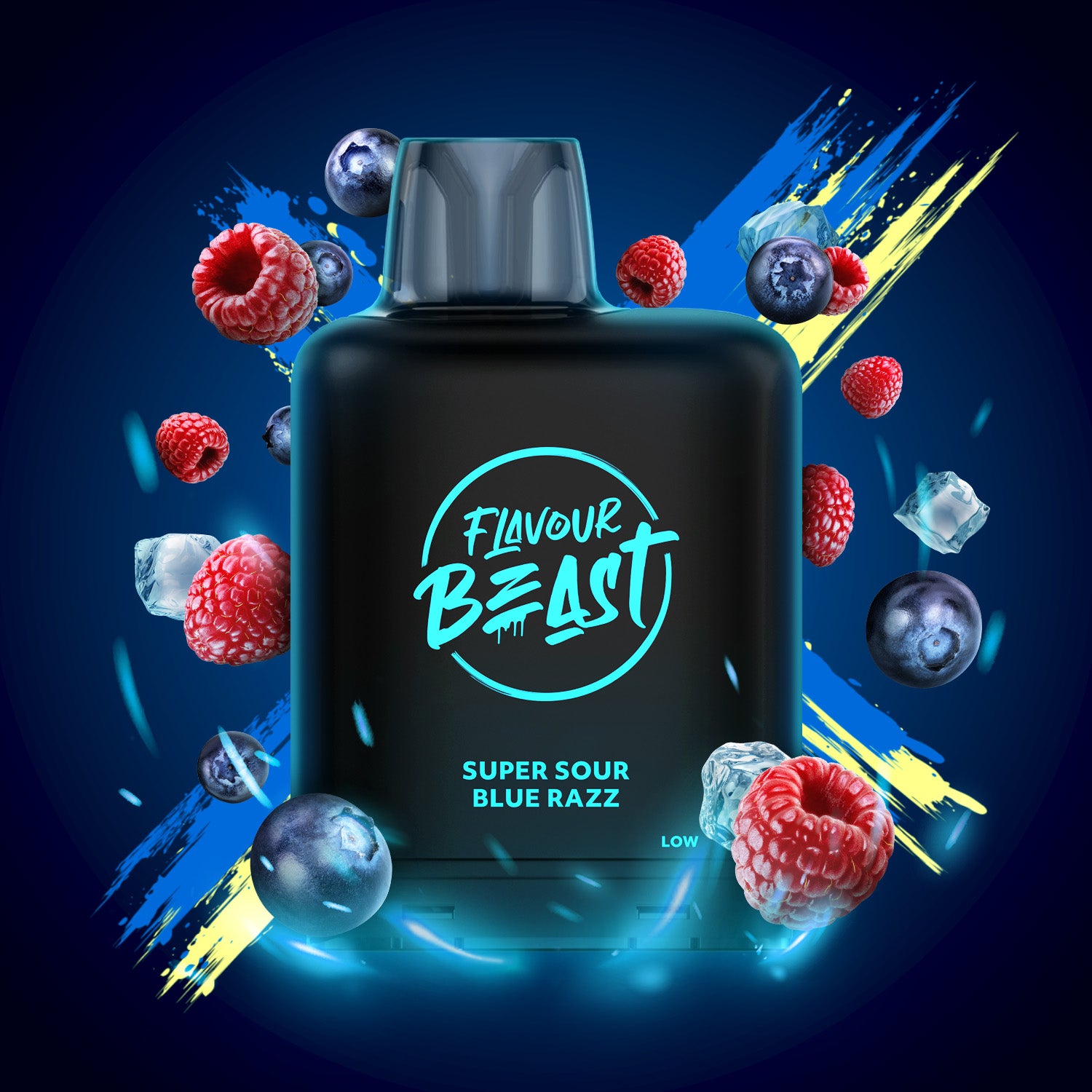 LEVEL X Flavour Beast Super Sour Blue Razz e-liquid bottle with berries and ice, bold flavor profile, vibrant design.