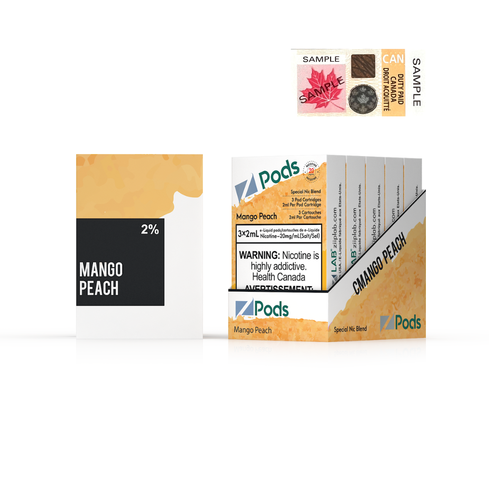 ZPODS Mango Peach vape pods packaging showcasing 2% nicotine strength and sample stickers, appealing design for vaping enthusiasts.