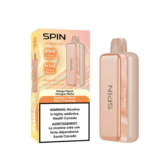 SPIN FUSION 20K E-liquid with Mango Peach and Raspberry Peach flavors, 20ml capacity, highly addictive nicotine warning.