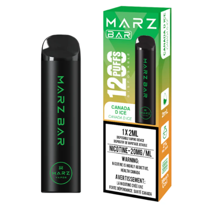 MARZ BAR 1200 disposable vape with Canada D Ice flavor, offering 1200 puffs and 20mg/ml nicotine.