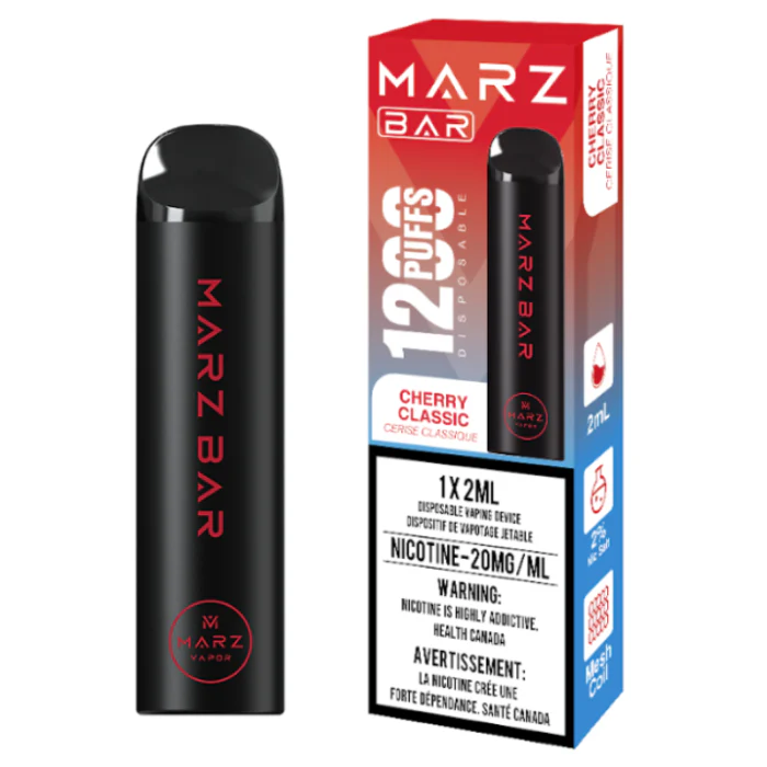 MARZ BAR 1200 Cherry Classic vape, disposable device with 1200 puffs and 20mg/ml nicotine, sleek black design.