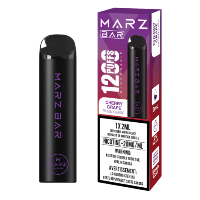 MARZ BAR 1200 disposable vape in Cherry Grape flavor, featuring 1200 puffs and a sleek black design.