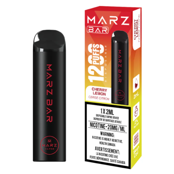 MARZ BAR 1200 Cherry Lemon vaping device with 1200 puffs, featuring vibrant packaging and nicotine warning.