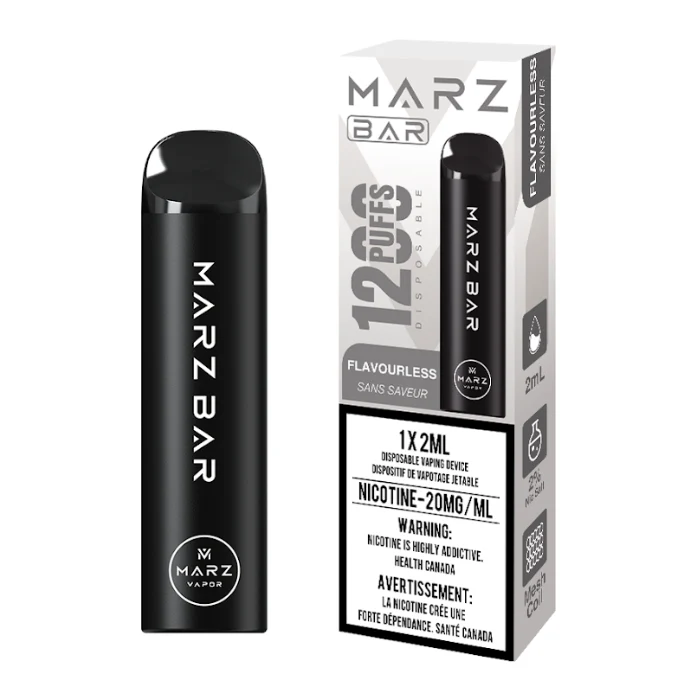 MARZ BAR 1200 Flavorless vape pen offers 1200 puffs, 2ml capacity, and 20mg/ml nicotine strength.